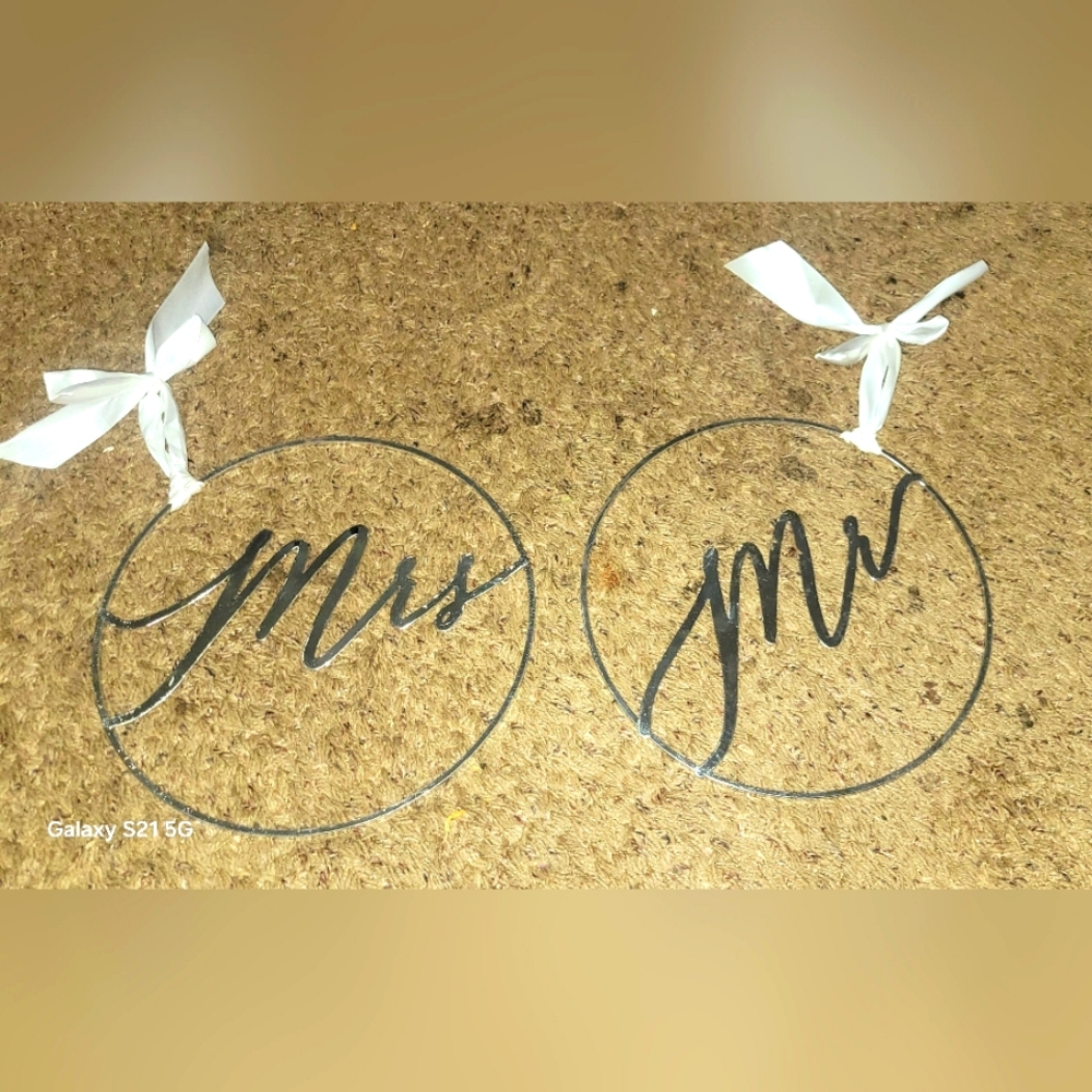Mr. and Mrs. Silver Wedding Chair Signs With White Ribbon Ties